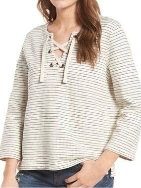 Madewell Striped Lace-Front Knit Top in Cream and Black